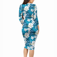 Blue Hawaiian Hibiscus Monstera Long Sleeve Bodycon Dress Grunge Stylized LT01 - Polynesian Pride