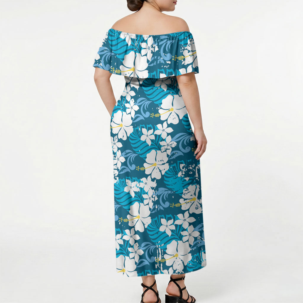 Blue Hawaiian Hibiscus Monstera Off Shoulder Maxi Dress Grunge Stylized LT01 - Polynesian Pride