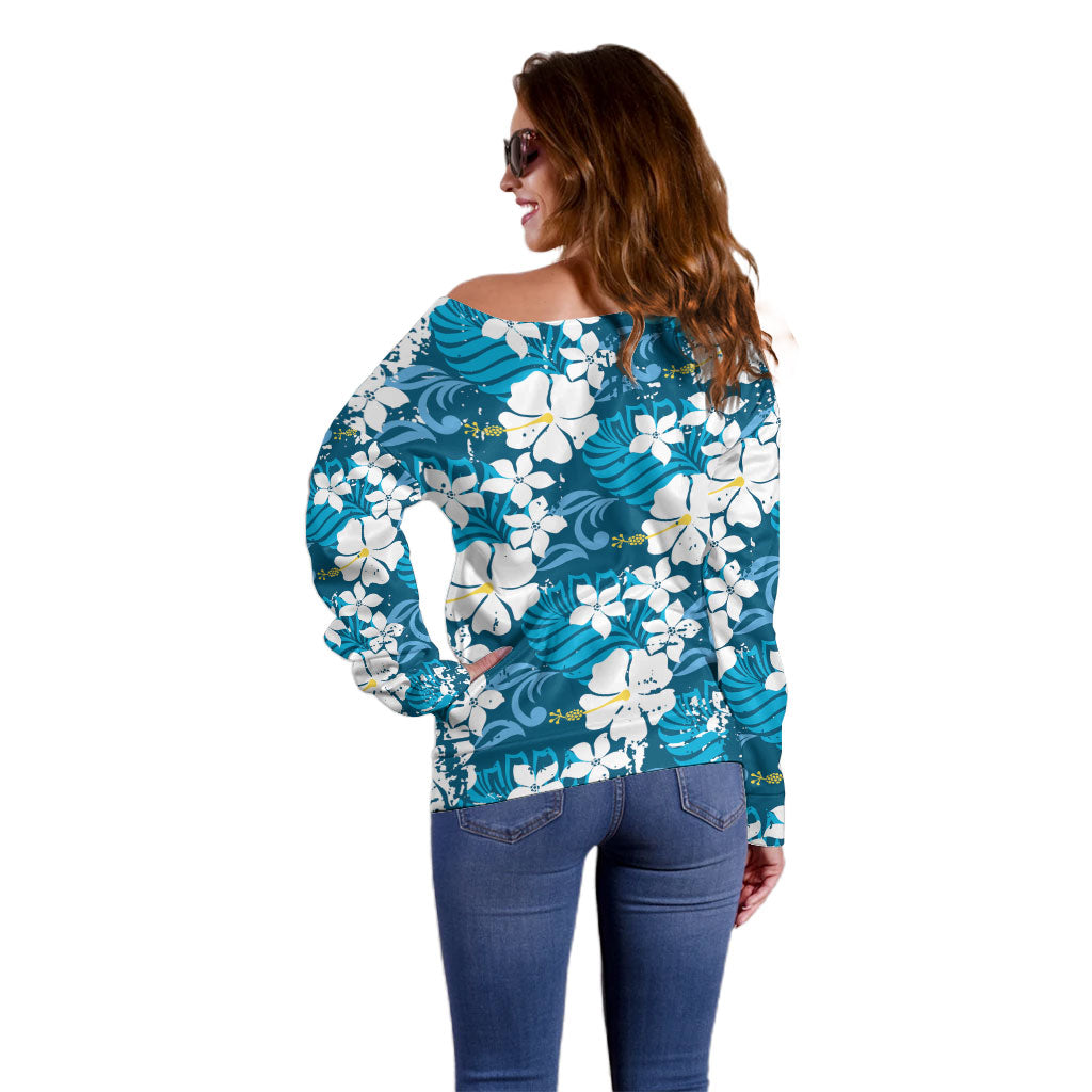 Blue Hawaiian Hibiscus Monstera Off Shoulder Sweater Grunge Stylized LT01 - Polynesian Pride