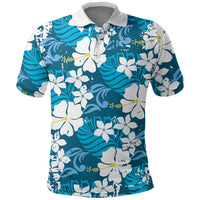 Blue Hawaiian Hibiscus Monstera Polo Shirt Grunge Stylized LT01 Blue - Polynesian Pride