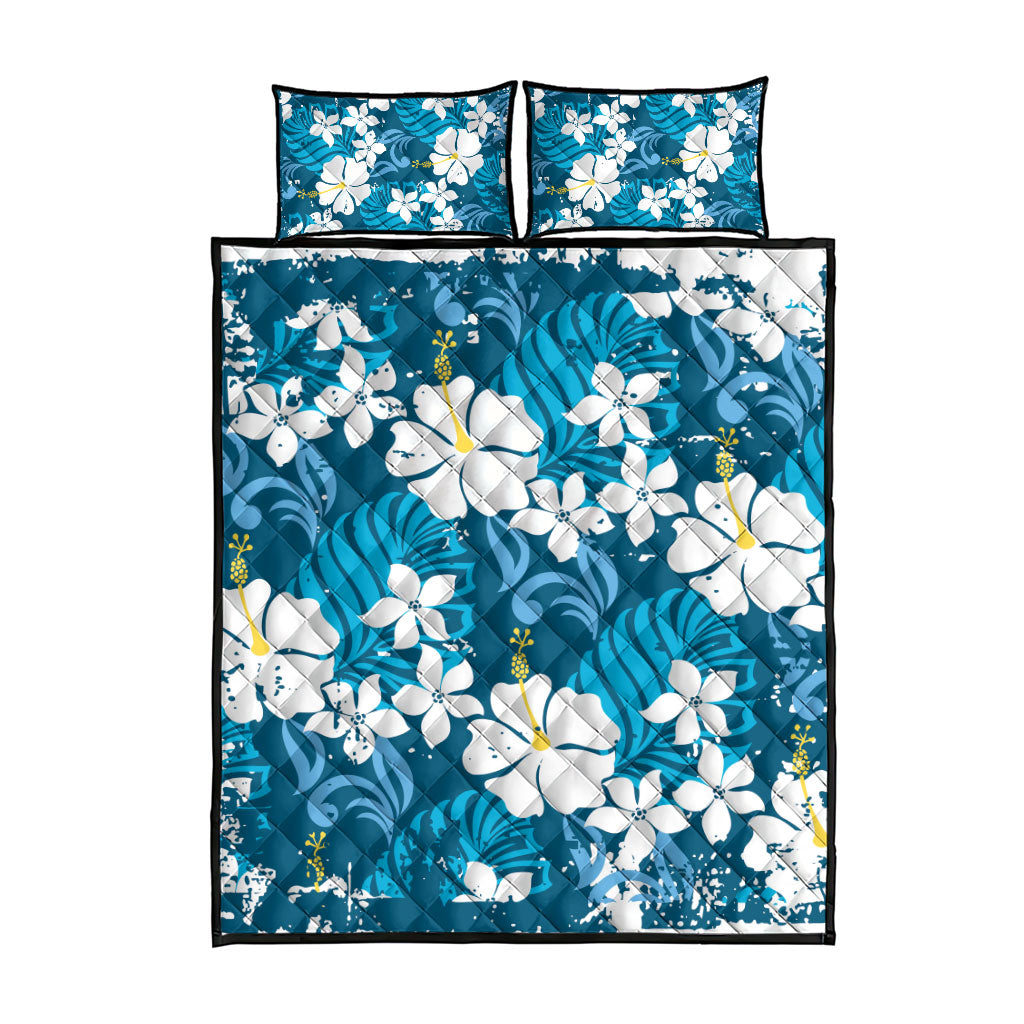Blue Hawaiian Hibiscus Monstera Quilt Bed Set Grunge Stylized LT01 - Polynesian Pride
