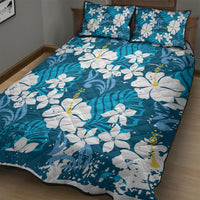 Blue Hawaiian Hibiscus Monstera Quilt Bed Set Grunge Stylized LT01 - Polynesian Pride