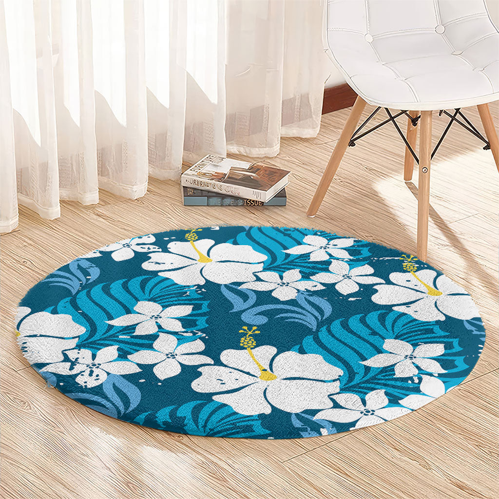 Blue Hawaiian Hibiscus Monstera Round Carpet Grunge Stylized LT01 - Polynesian Pride