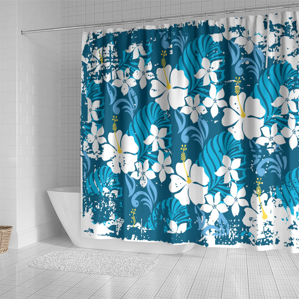 Blue Hawaiian Hibiscus Monstera Shower Curtain Grunge Stylized LT01 - Polynesian Pride