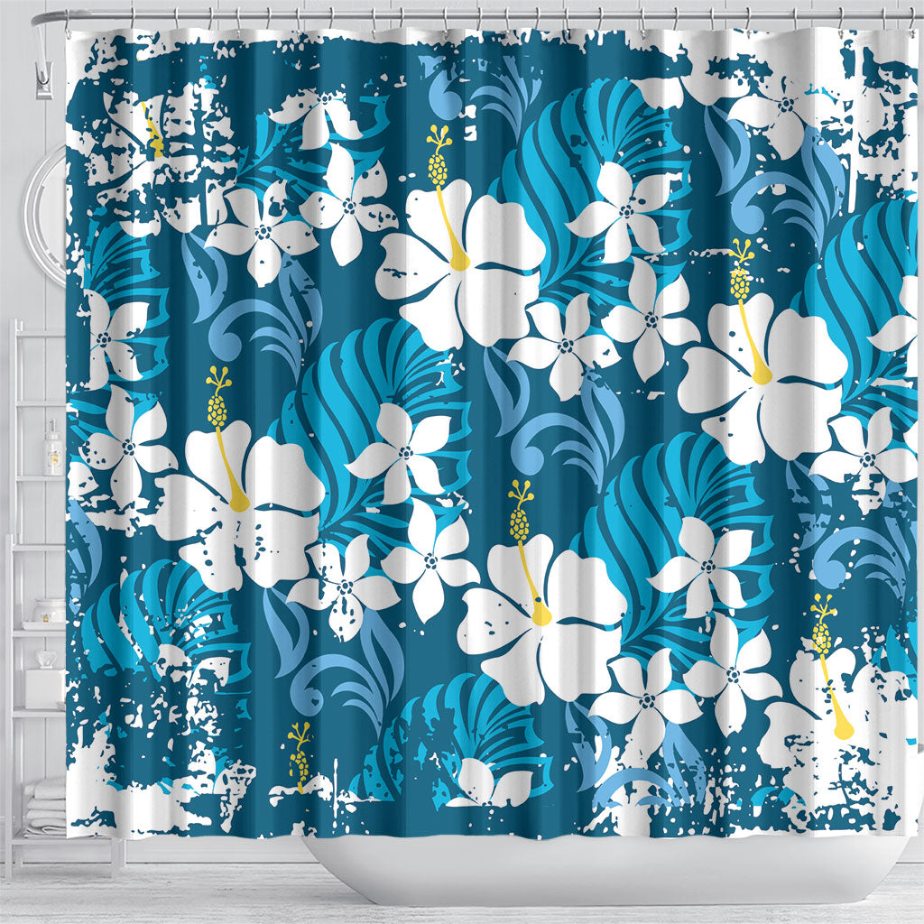 Blue Hawaiian Hibiscus Monstera Shower Curtain Grunge Stylized LT01 - Polynesian Pride