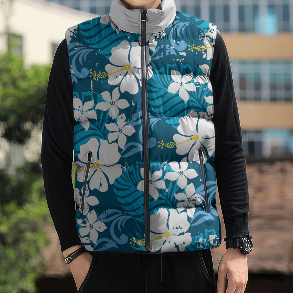 Blue Hawaiian Hibiscus Monstera Sleeveless Puffer Jacket Grunge Stylized LT01 - Polynesian Pride