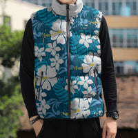 Blue Hawaiian Hibiscus Monstera Sleeveless Puffer Jacket Grunge Stylized LT01 - Polynesian Pride