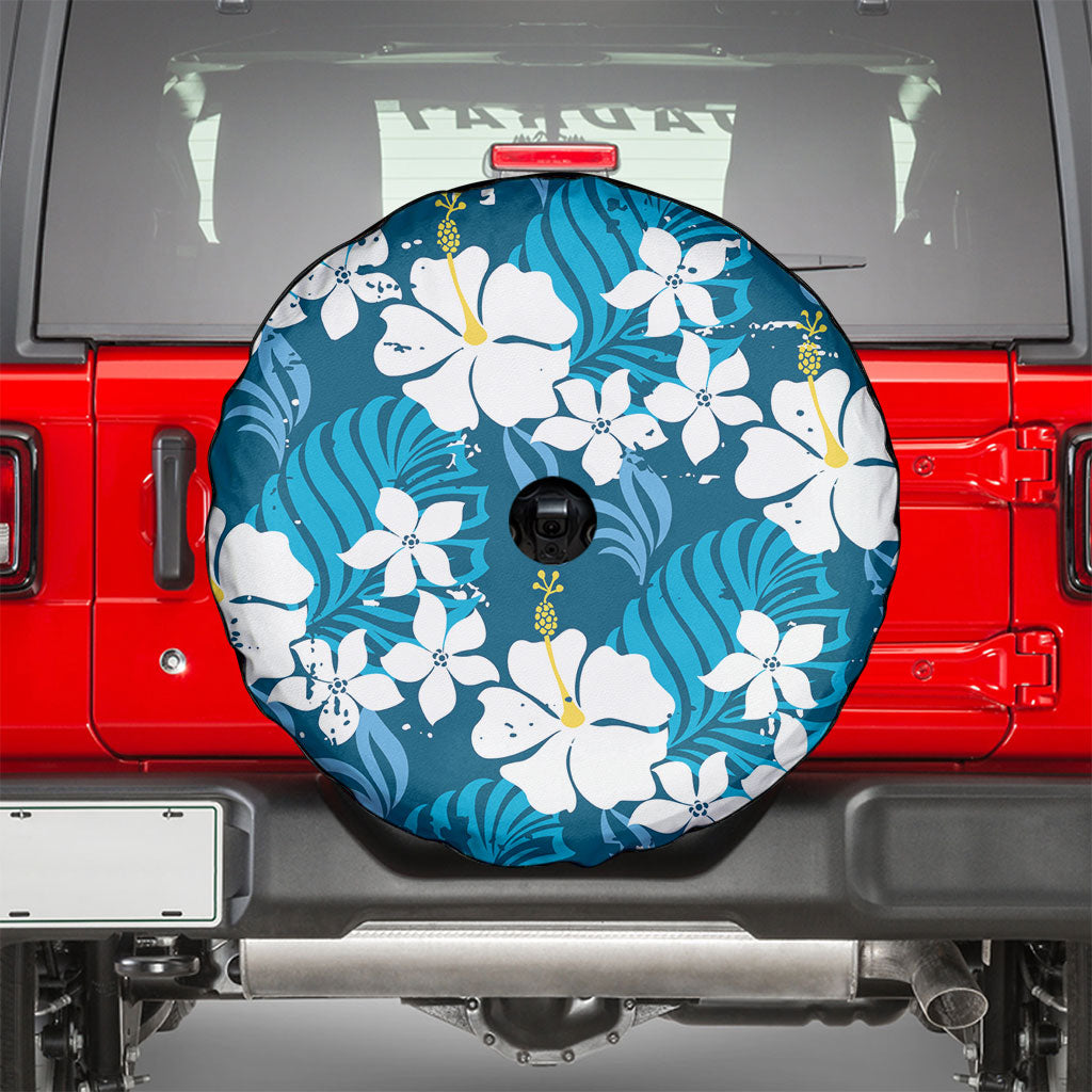 Blue Hawaiian Hibiscus Monstera Spare Tire Cover Grunge Stylized LT01 - Polynesian Pride