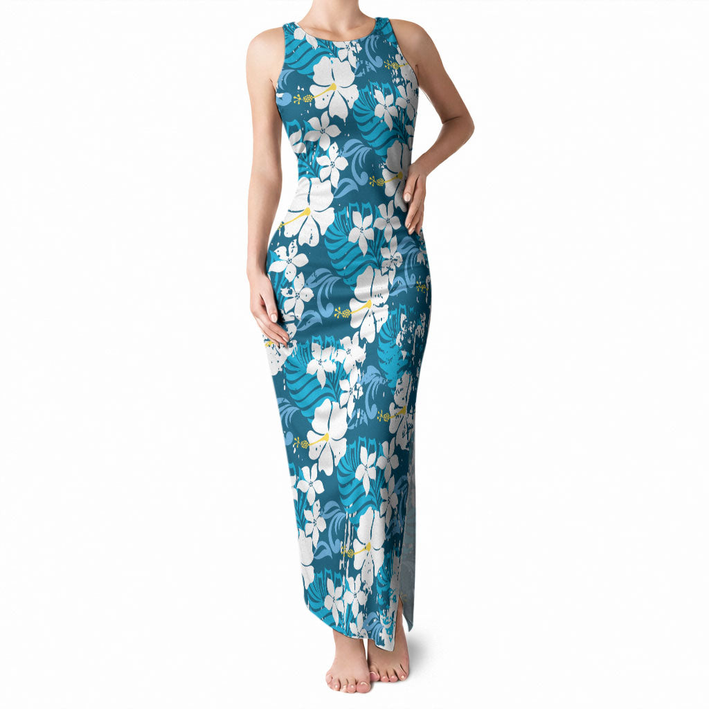 Blue Hawaiian Hibiscus Monstera Tank Maxi Dress Grunge Stylized LT01 Women Blue - Polynesian Pride