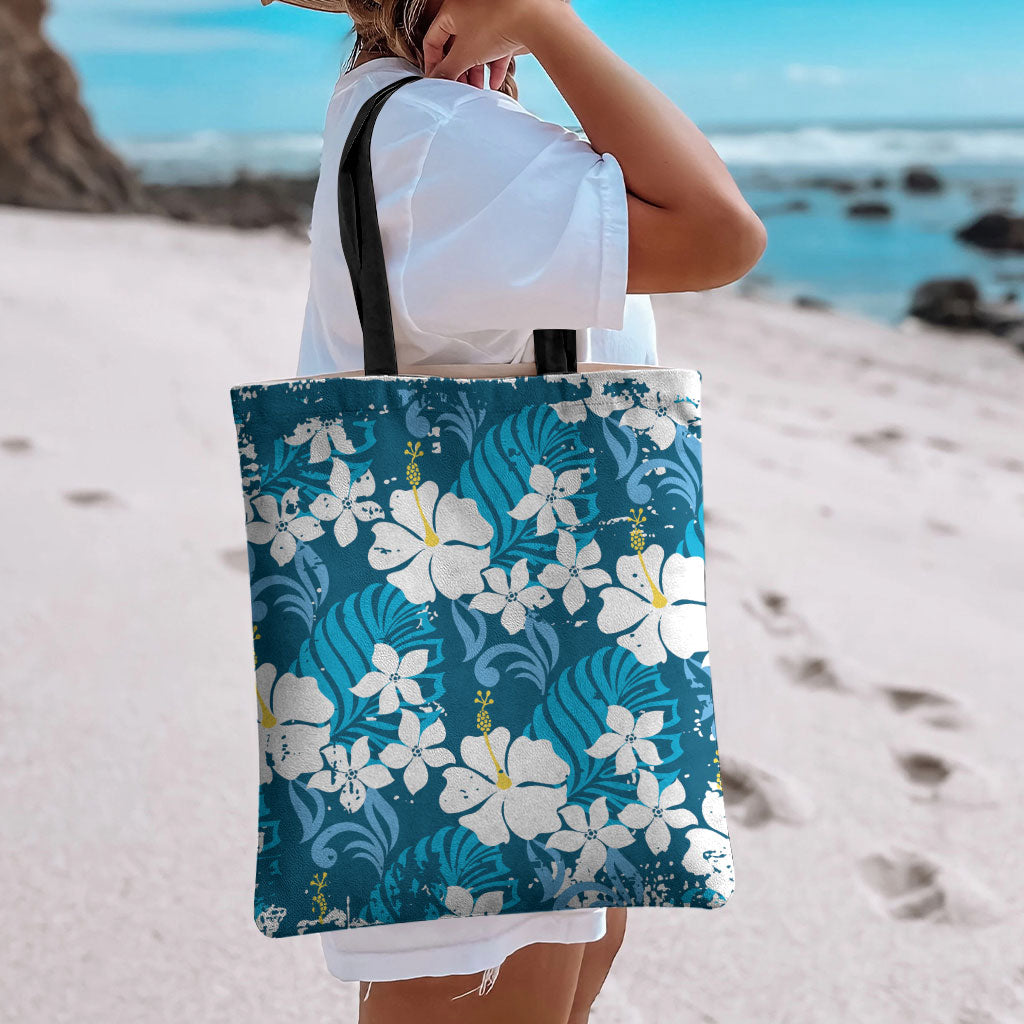 Blue Hawaiian Hibiscus Monstera Tote Bag Grunge Stylized LT01 - Polynesian Pride