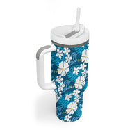 Blue Hawaiian Hibiscus Monstera Tumbler With Handle Grunge Stylized LT01 - Polynesian Pride