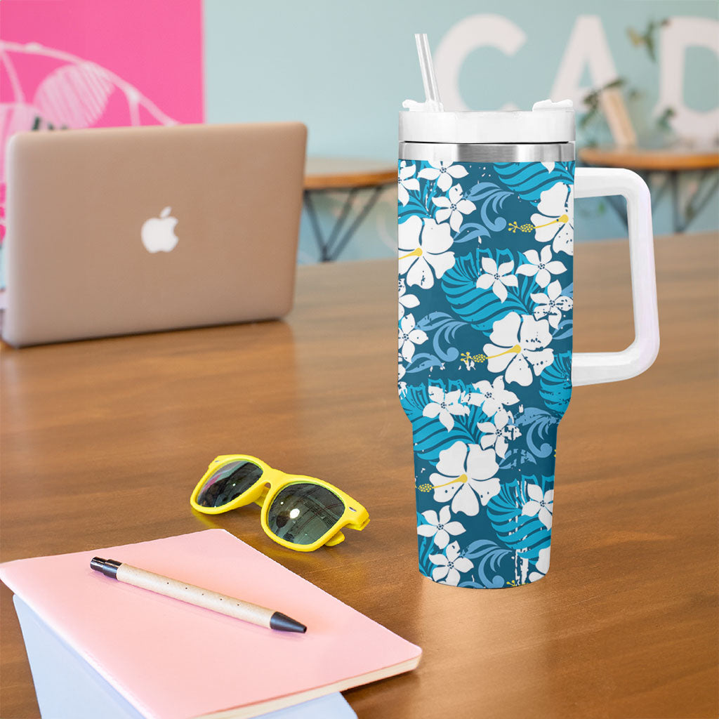Blue Hawaiian Hibiscus Monstera Tumbler With Handle Grunge Stylized LT01 - Polynesian Pride