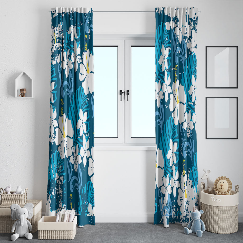 Blue Hawaiian Hibiscus Monstera Window Curtain Grunge Stylized LT01 - Polynesian Pride