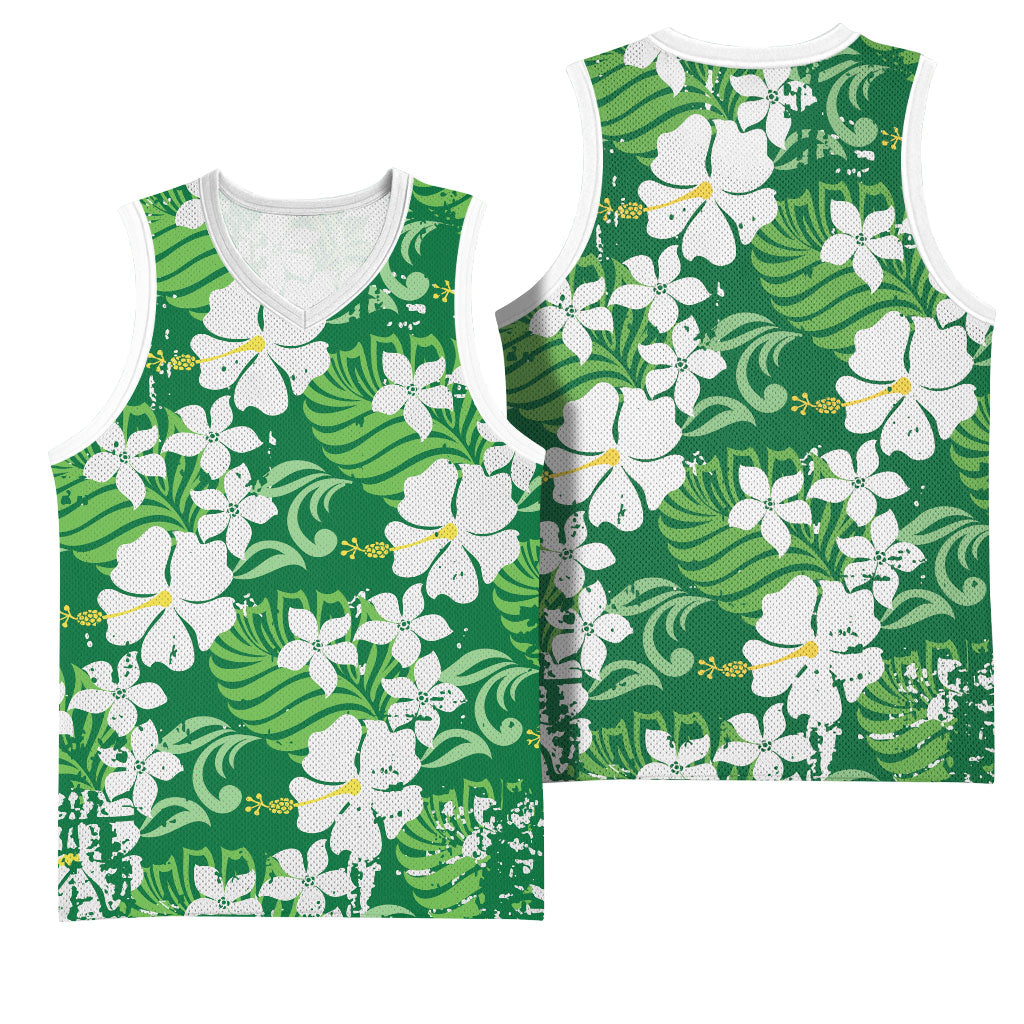 Green Hawaiian Hibiscus Monstera Basketball Jersey Grunge Stylized LT01 - Polynesian Pride