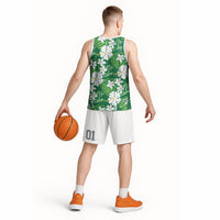 Green Hawaiian Hibiscus Monstera Basketball Jersey Grunge Stylized LT01 - Polynesian Pride