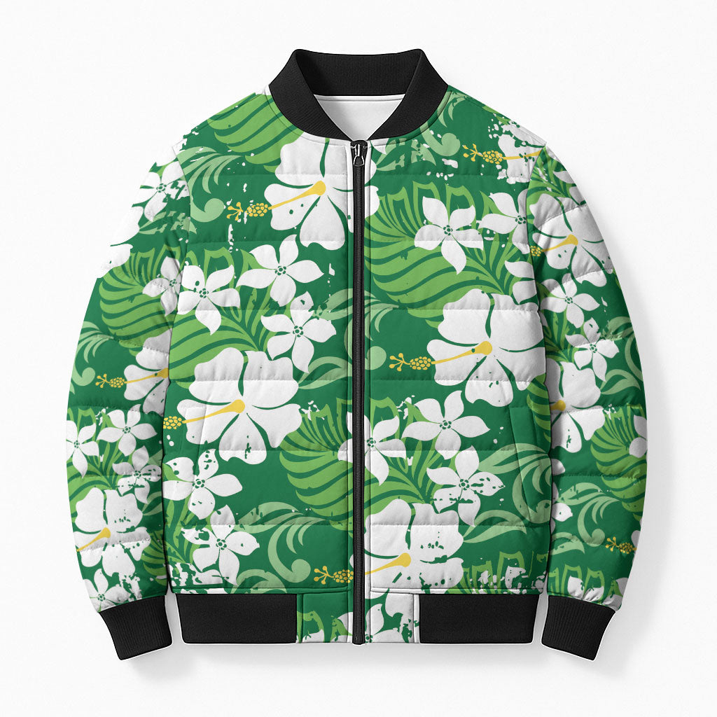 Green Hawaiian Hibiscus Monstera Bomber Puffer Jacket Grunge Stylized LT01 Unisex Green - Polynesian Pride