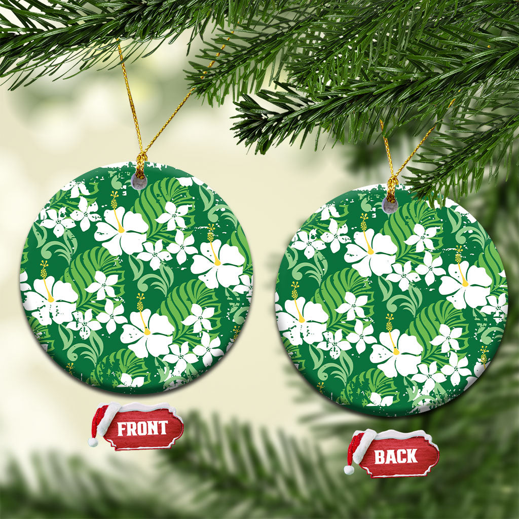 Green Hawaiian Hibiscus Monstera Ceramic Ornament Grunge Stylized LT01 Circle Green - Polynesian Pride