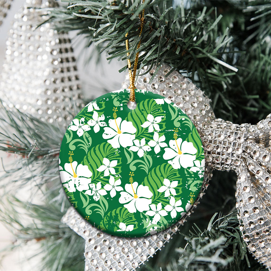 Green Hawaiian Hibiscus Monstera Ceramic Ornament Grunge Stylized LT01 - Polynesian Pride