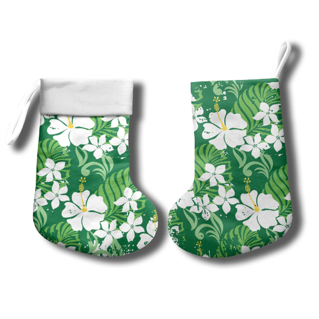 Green Hawaiian Hibiscus Monstera Christmas Stocking Grunge Stylized LT01 - Polynesian Pride