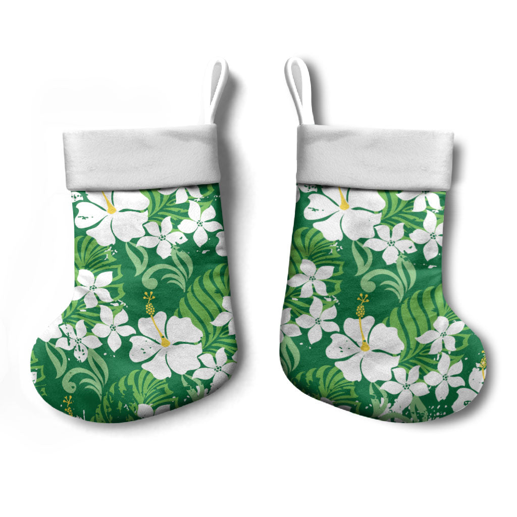 Green Hawaiian Hibiscus Monstera Christmas Stocking Grunge Stylized LT01 - Polynesian Pride