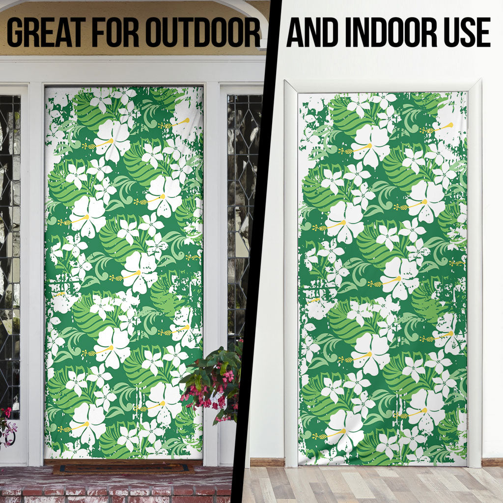 Green Hawaiian Hibiscus Monstera Door Cover Grunge Stylized LT01 - Polynesian Pride