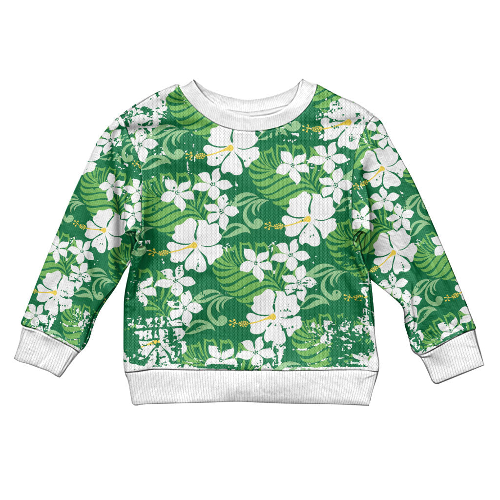 Green Hawaiian Hibiscus Monstera Kid Ugly Christmas Sweater Grunge Stylized LT01 Kid Green - Polynesian Pride