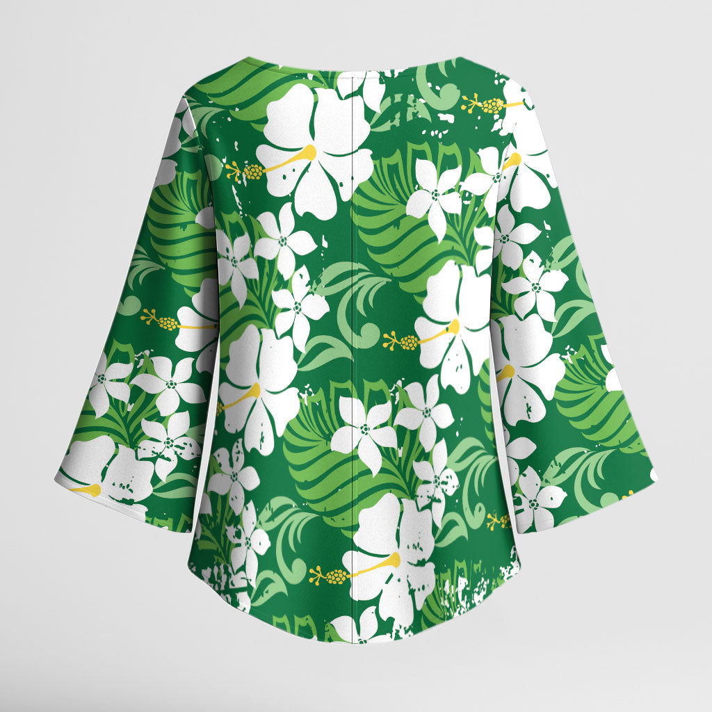 Green Hawaiian Hibiscus Monstera Kimono Sleeve Blouse Grunge Stylized LT01 - Polynesian Pride