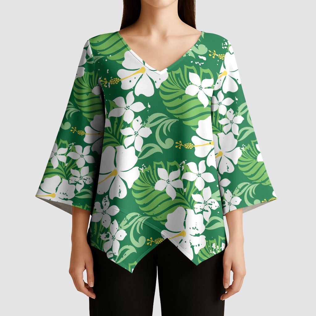 Green Hawaiian Hibiscus Monstera Kimono Sleeve Blouse Grunge Stylized LT01 - Polynesian Pride