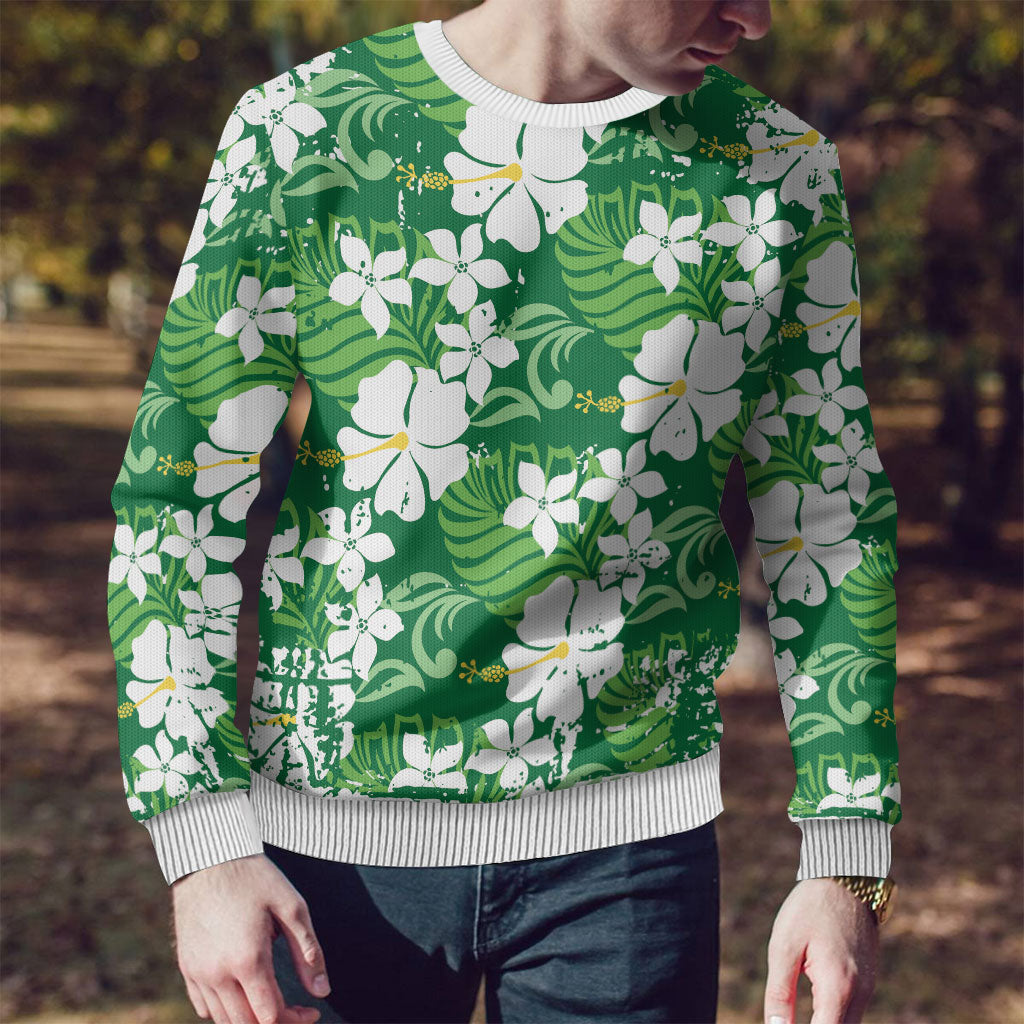 Green Hawaiian Hibiscus Monstera Ugly Christmas Sweater Grunge Stylized LT01 - Polynesian Pride