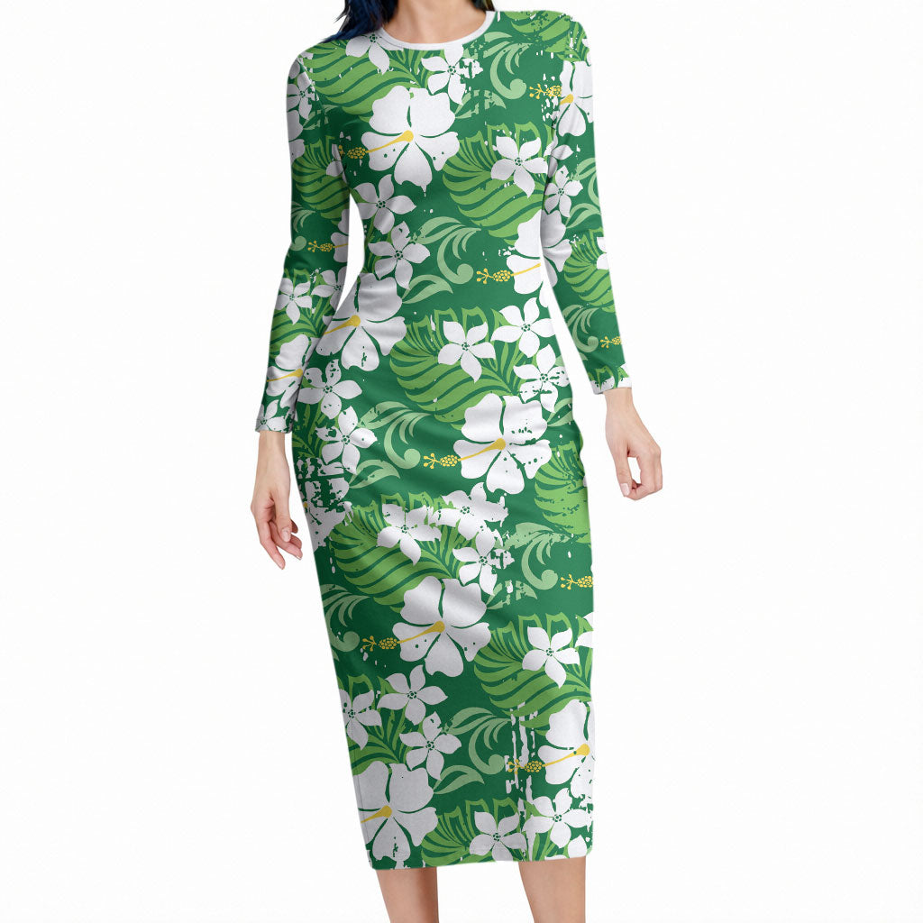 Green Hawaiian Hibiscus Monstera Long Sleeve Bodycon Dress Grunge Stylized LT01 Long Dress Green - Polynesian Pride