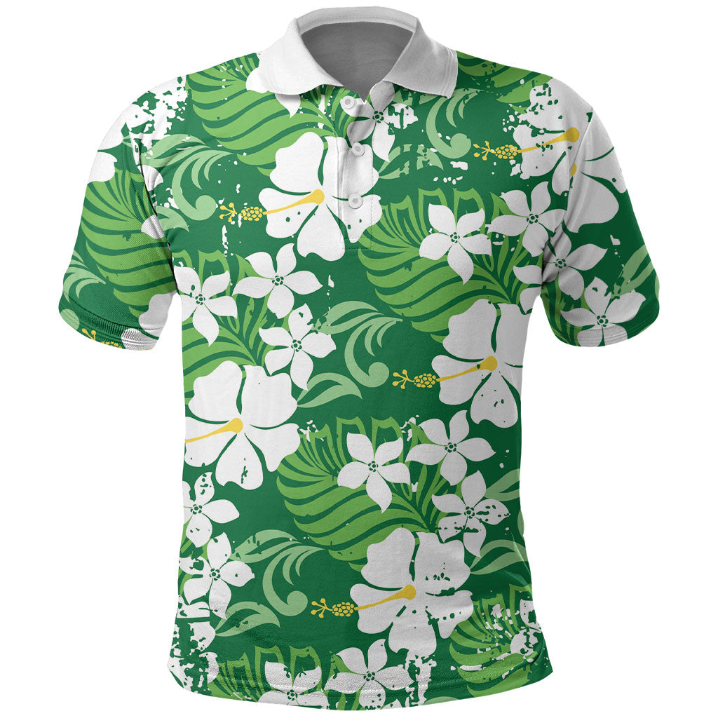 Green Hawaiian Hibiscus Monstera Polo Shirt Grunge Stylized LT01 Green - Polynesian Pride