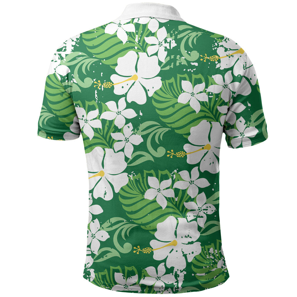 Green Hawaiian Hibiscus Monstera Polo Shirt Grunge Stylized LT01 - Polynesian Pride