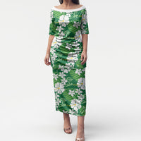Green Hawaiian Hibiscus Monstera Puletasi Grunge Stylized LT01 Long Dress Green - Polynesian Pride
