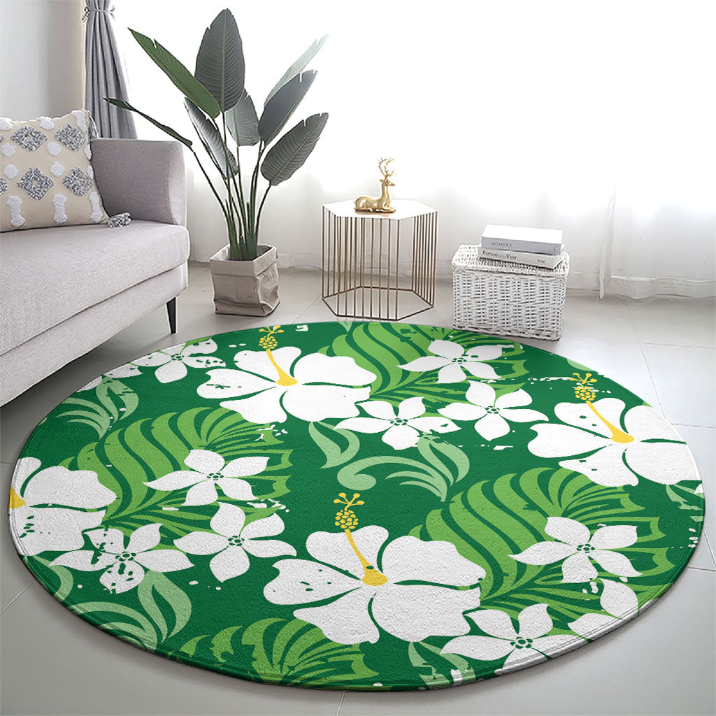 Green Hawaiian Hibiscus Monstera Round Carpet Grunge Stylized LT01 - Polynesian Pride