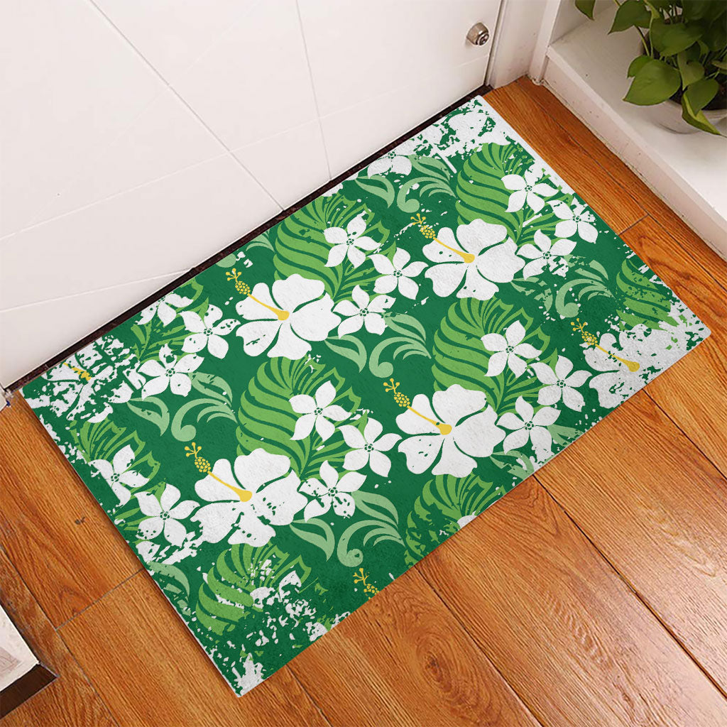 Green Hawaiian Hibiscus Monstera Rubber Doormat Grunge Stylized LT01 - Polynesian Pride