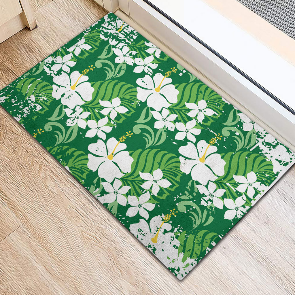 Green Hawaiian Hibiscus Monstera Rubber Doormat Grunge Stylized LT01 - Polynesian Pride