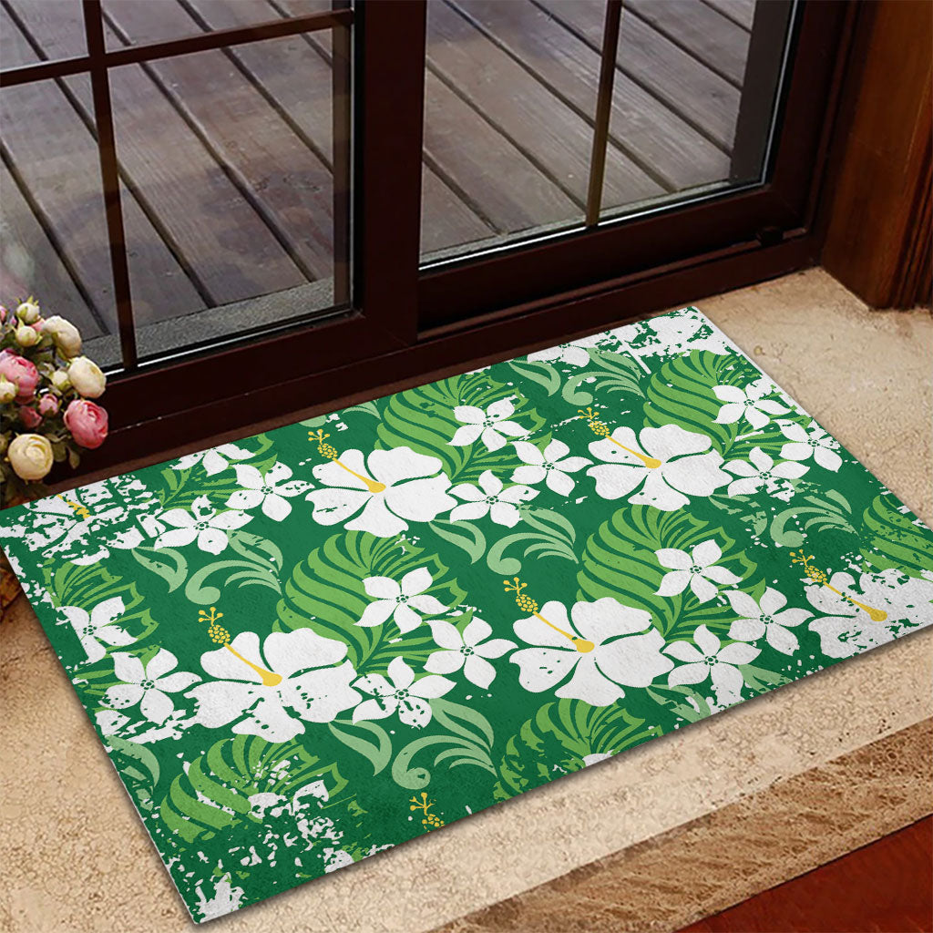 Green Hawaiian Hibiscus Monstera Rubber Doormat Grunge Stylized LT01 - Polynesian Pride