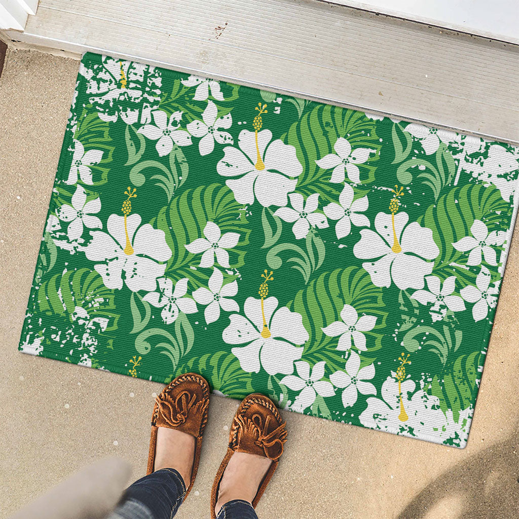 Green Hawaiian Hibiscus Monstera Rubber Doormat Grunge Stylized LT01 - Polynesian Pride