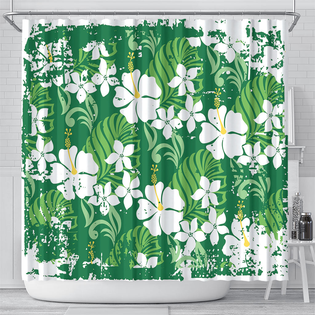 Green Hawaiian Hibiscus Monstera Shower Curtain Grunge Stylized LT01 - Polynesian Pride