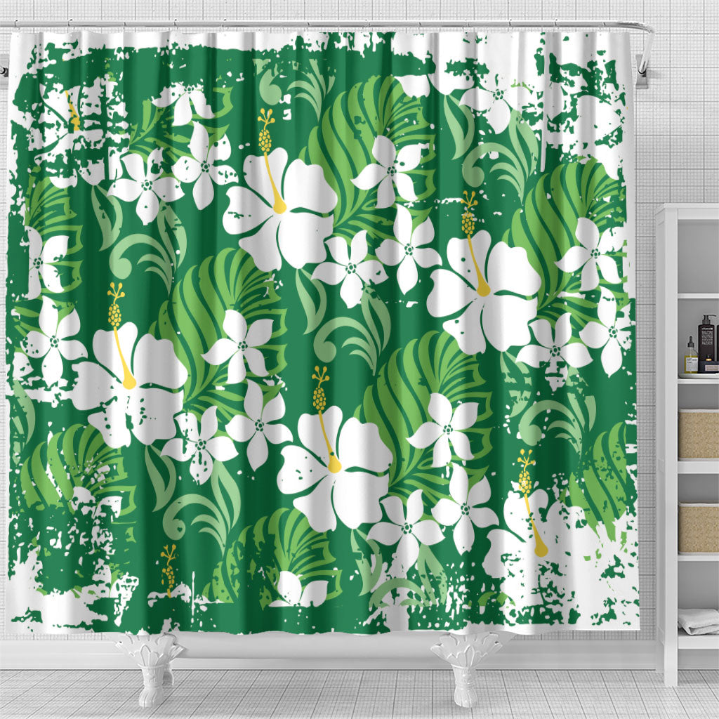 Green Hawaiian Hibiscus Monstera Shower Curtain Grunge Stylized LT01 - Polynesian Pride