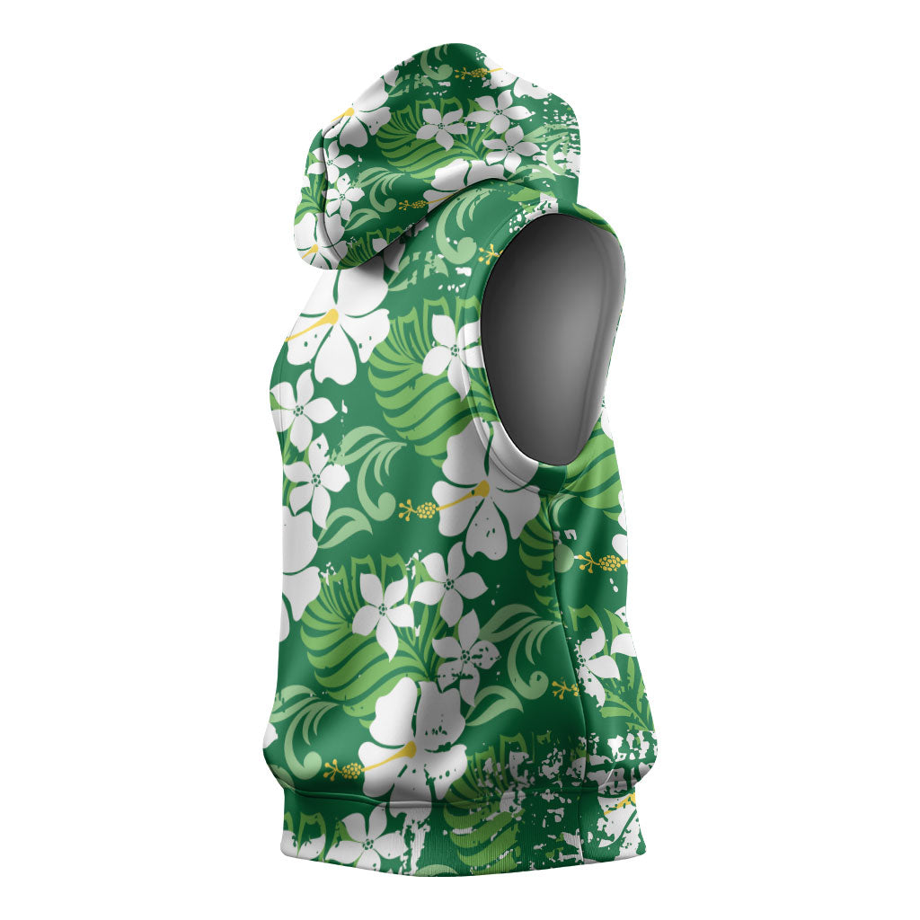 Green Hawaiian Hibiscus Monstera Sleeveless Hoodie Grunge Stylized LT01 - Polynesian Pride