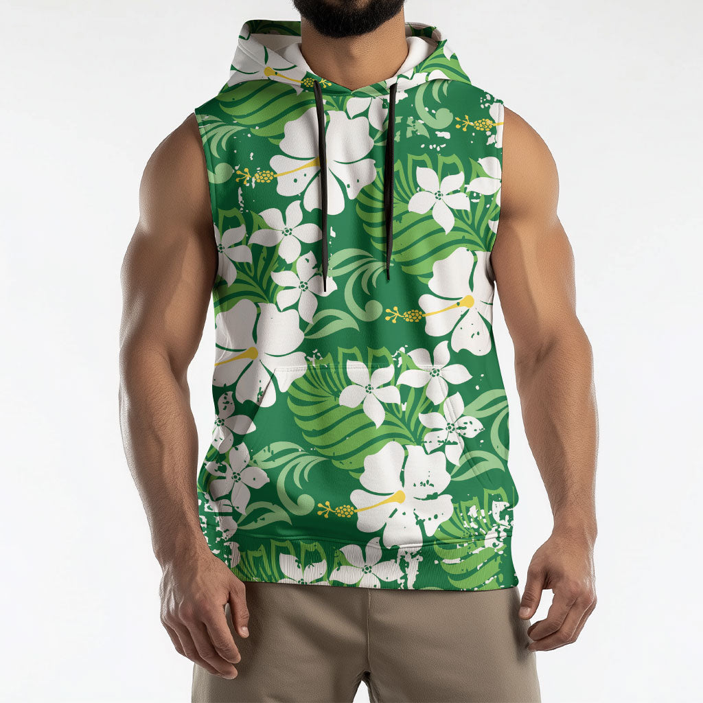 Green Hawaiian Hibiscus Monstera Sleeveless Hoodie Grunge Stylized LT01 - Polynesian Pride