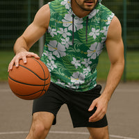 Green Hawaiian Hibiscus Monstera Sleeveless Hoodie Grunge Stylized LT01 - Polynesian Pride