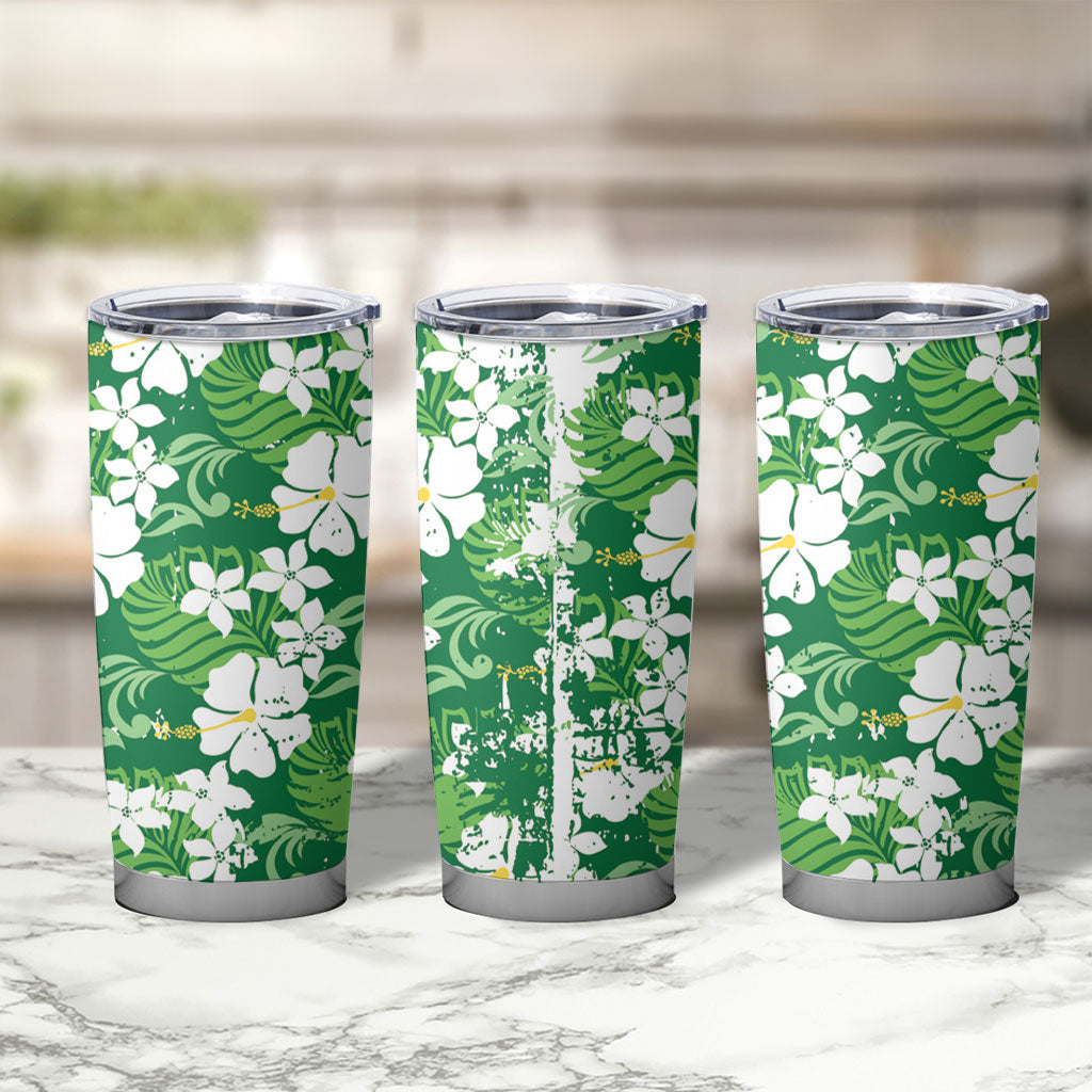 Green Hawaiian Hibiscus Monstera Tumbler Cup Grunge Stylized LT01 - Polynesian Pride