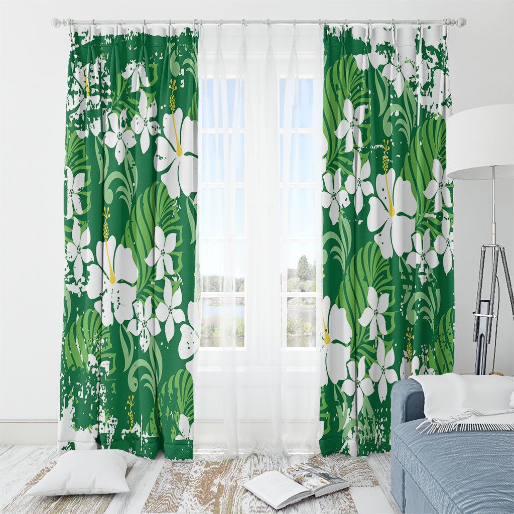 Green Hawaiian Hibiscus Monstera Window Curtain Grunge Stylized LT01 - Polynesian Pride