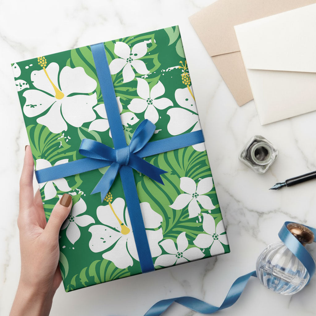 Green Hawaiian Hibiscus Monstera Wrapping Paper Grunge Stylized LT01 - Polynesian Pride