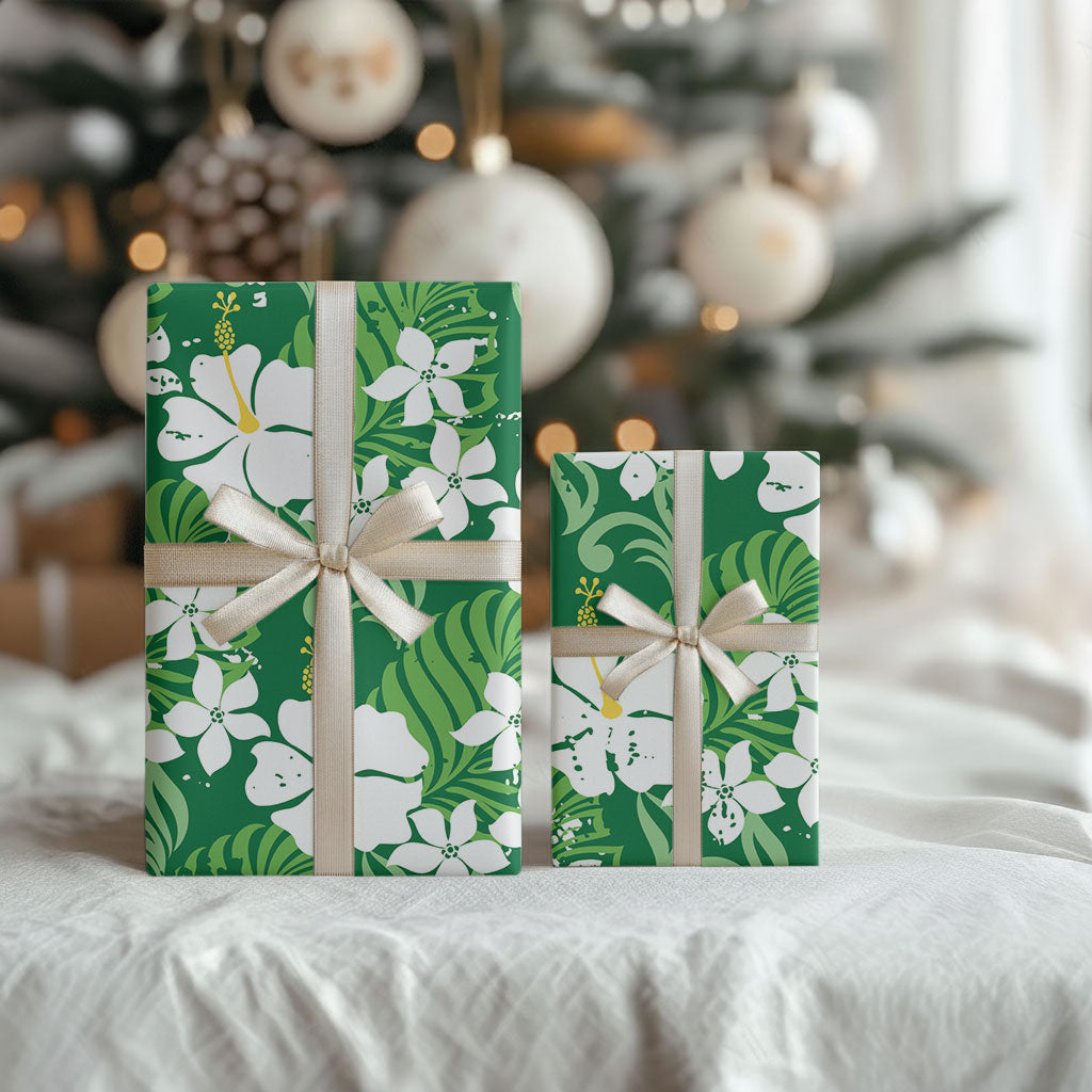 Green Hawaiian Hibiscus Monstera Wrapping Paper Grunge Stylized LT01 - Polynesian Pride