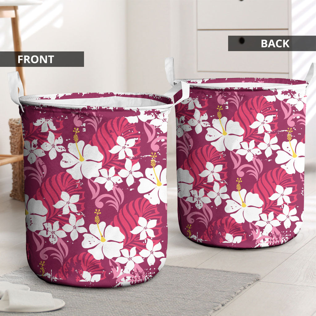 Pink Hawaiian Hibiscus Monstera Laundry Basket Grunge Stylized LT01 - Polynesian Pride