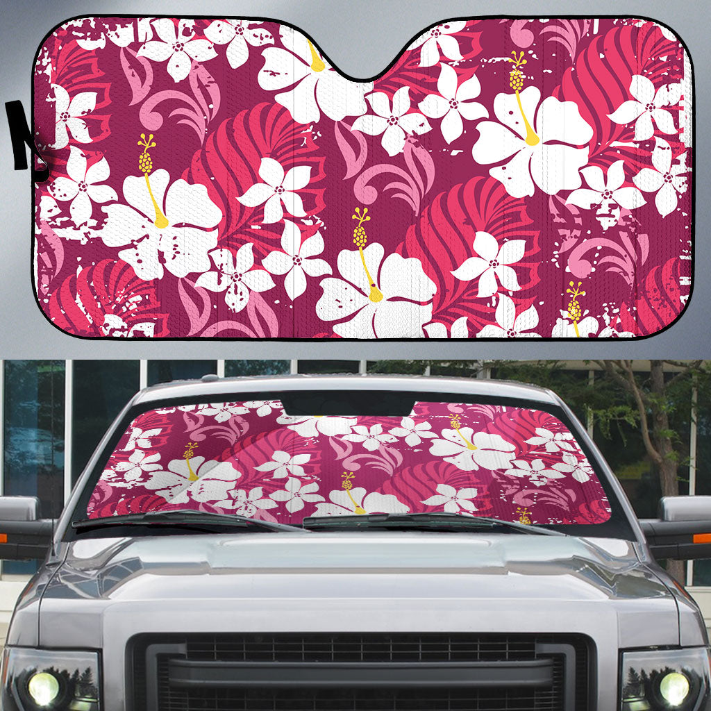 Pink Hawaiian Hibiscus Monstera Auto Sun Shade Grunge Stylized LT01 Pink - Polynesian Pride