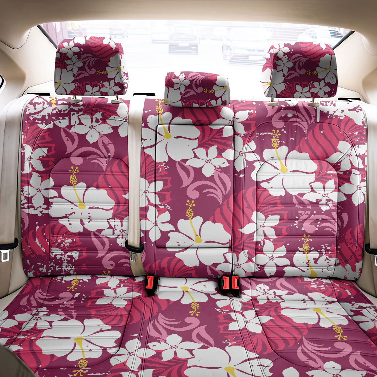 Pink Hawaiian Hibiscus Monstera Back Car Seat Cover Grunge Stylized LT01 - Polynesian Pride